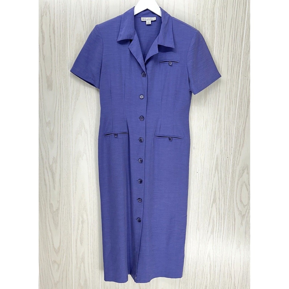 Dressbarn Midi Shirt Dress Womens 8 Purple Short Sleeve Back Tie Button Front